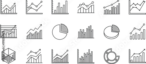 Business analytics and financial statistics icons collection, bar charts, line graphs, pie charts and data visualization elements for dashboard reporting, Vector illustration