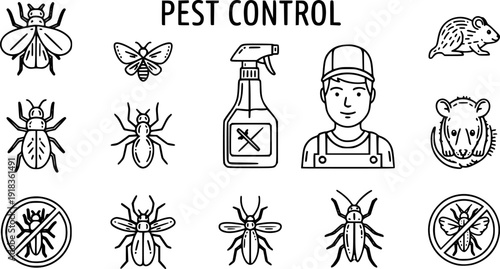 Pest control line icon set featuring insects, spray bottle, exterminator worker, rodents, ant, spider, mosquito, cockroach, and disinfectant protection symbols for professional services 

