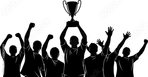 Black silhouette of a championship sports team celebrating victory holding a trophy cup high with raised arms for success achievement and teamwork.
