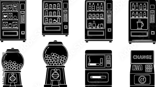 Vending machine icons in a black filled and outlined style. Set of vector icons vector silhouette illustration isolated on white background 
