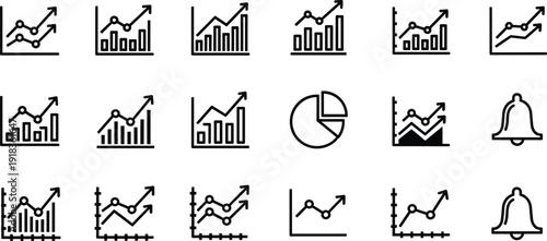 Business growth analytics and notification alert icons set, bar charts, line graphs and pie charts for financial dashboard reporting system, Vector illustration