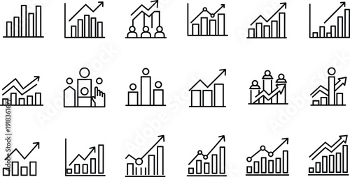 Business growth charts and team management icons set, financial analytics bar graphs line trends with leadership strategy symbols collection, Vector illustration