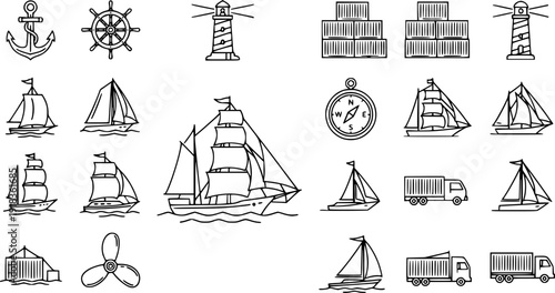 Professional nautical and maritime line icon set featuring ship anchors steering wheels lighthouse cargo containers navigation compass sailing vessels and marine transport symbols vector 
