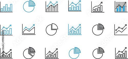 Modern business analytics icons set, financial growth bar charts line graphs pie diagrams collection for marketing statistics dashboard and corporate report design, Vector illustration