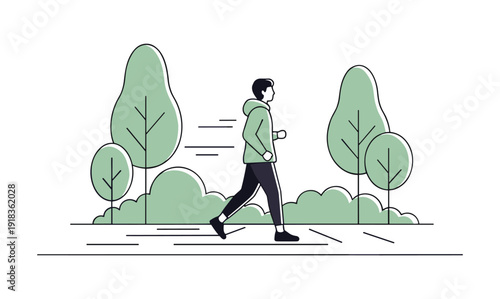 Minimalistic linear design of person jogging in park amidst trees and bushes