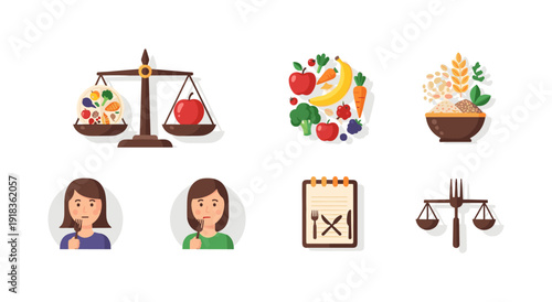 Balanced diet concept with food scales and healthy eating icons in flat design