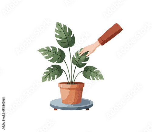Hand touching indoor potted plant with leaves in flat design