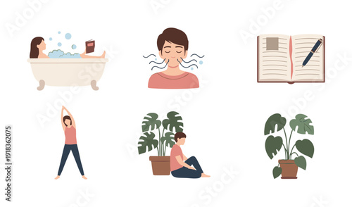 Self-care rituals: bathing, breathing, journaling, and relaxation with plants