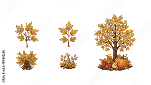 Autumn harvest elements with colorful foliage, pumpkins, and apples