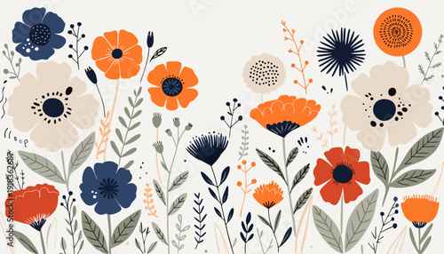 Very beautiful luxury botanical background featuring trendy wildflowers and minimalist hand-drawn herbs, ideal for rustic wedding invitations, wall décor, and elegant save-the-date cards