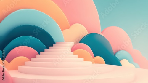 A vibrant, abstract scene featuring colorful clouds and a staircase, evoking a whimsical and dreamlike atmosphere.