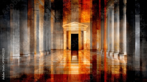A striking architectural scene featuring columns and a doorway, illuminated with warm hues, creating a dramatic and mysterious atmosphere.