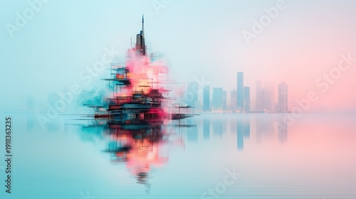A dreamy cityscape featuring a vibrant, abstract structure reflected in calm waters, surrounded by a hazy skyline in soft pastel colors.