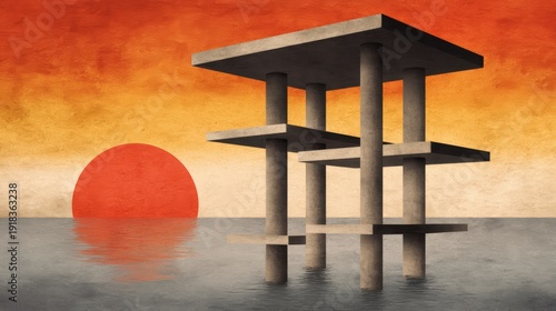 Abstract architectural structure on water against a vibrant sunset, blending modern design with serene natural beauty.