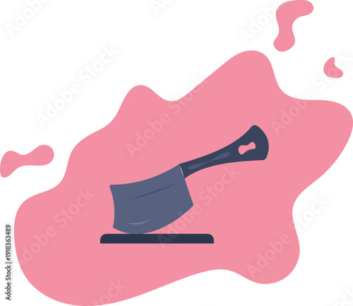 A meat cleaver protruding from a cutting board. Culinary and restaurant concept.