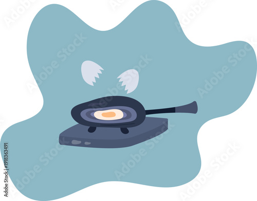 A broken egg is fried in a frying pan. Logo for design.
