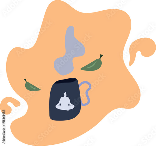 A mug of hot tea for relaxation with a pattern in the shape of a meditating person in the lotus position.