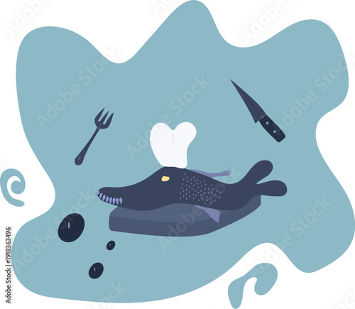 A pike in a chef's hat lies on a cutting board. Fish restaurant concept.