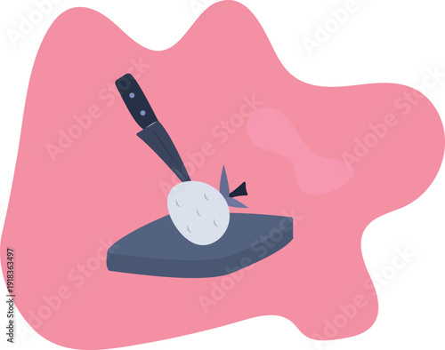 A kitchen knife is sticking out of a piece of fruit lying on a cutting board.