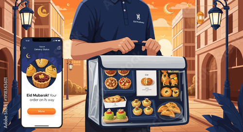 Man holding a tray of Eid al Fitr traditional food for a Muslim family celebration during Ramadan end celebration