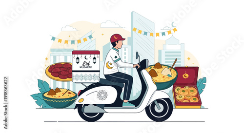 Eid al Fitr celebration with traditional food delivery by a rider on a scooter, showcasing festive Eid food and Muslim family feast