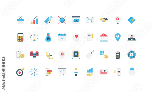 Modern flat style finance and payment icons for business, banking, investment, and online transactions, perfect for web, app, and infographic design isolated on white background vector illustration