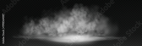White smoke cloud with overlay effect on dark background. Realistic fog texture spreading along the floor. Atmospheric illustration of misty vapor or haze with dramatic light effect.