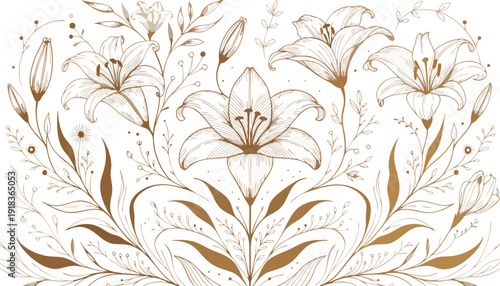 Very beautiful elegant gold line lily and botanical foliage on a clean white background, forming a refined luxury floral vector wallpaper with graceful branches and shimmering blossoms.