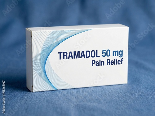 Medicine box of Tramadol. White box with some small graphic design, blue background. professional photo