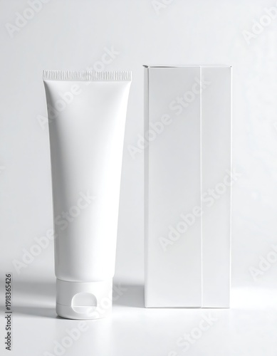 A tall, white squeeze tube stands next to a matching, tall, rectangular box against a clean, white background, creating a minimalist look