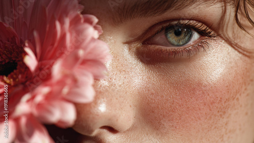 A close-up of the face of an attractive woman with flawless skin, holding a pink flower near her eye. This is a beauty photography shot, using natural lighting to create a beauty magazine