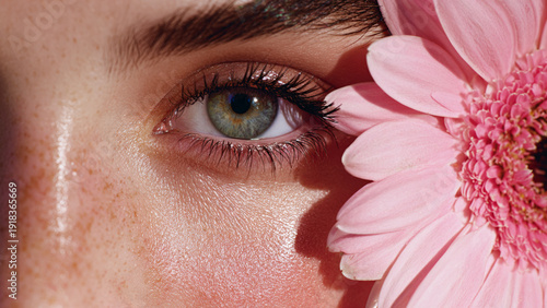 
A close-up of the face of an attractive woman with flawless skin, holding a pink flower near her eye. This is a beauty photography shot, using natural lighting to create a beauty magazine cover-style