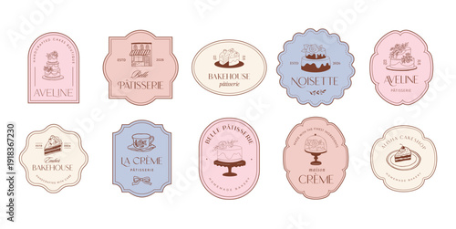 Retro pastry shop and bakery label set. Vintage illustrations of cakes and sweets for cafe logos and branding. 