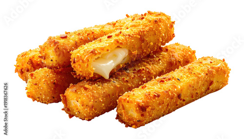 Stack of golden, fried mozzarella sticks with gooey cheese oozing out, against black