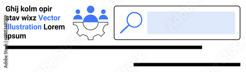 Teamwork, collaboration tools, data search, workflow integration, business solutions, technology interface. Group of people atop a gear next to a magnifying glass. Teamwork and collaboration tools