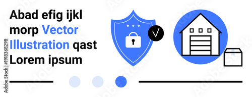 Shield icon with lock symbol and checkmark, warehouse icon with box. Ideal for security, storage, data protection, e-commerce, logistics, cybersecurity, simple landing page