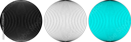 Set of abstract 3D wireframe spheres with vertical curved grid lines in black, white, and cyan