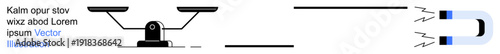 Physics, law principles, magnetism, equality, forces, attraction. A balance scale and magnet illustration linked by visual lines. Highlights physics and justice concepts of attraction and balance
