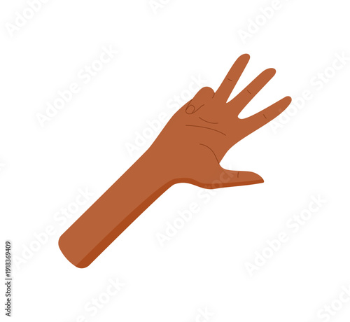 Flat black hand showing four fingers up. Bare palm with a simple gesture to represent number four. Isolated cartoon icon in flat style, suitable for education or math concepts.