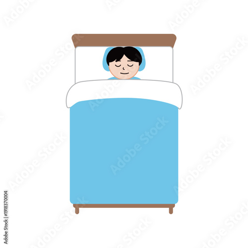 フラットデザインのイラスト | ベッドで青い布団を掛けて安眠する男性の俯瞰図 | 睡眠と健康のイメージ