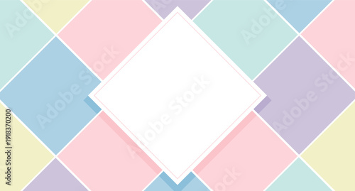 Pastel diamond background with geometric harlequin design and central frame for text. Festive background.