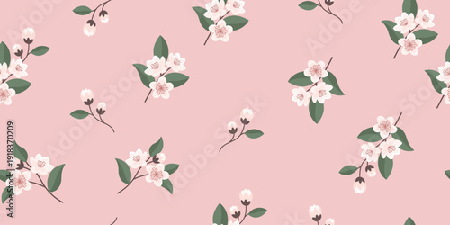 Seamless pattern with cherry blossom flowers on pink background. Fabric print.
