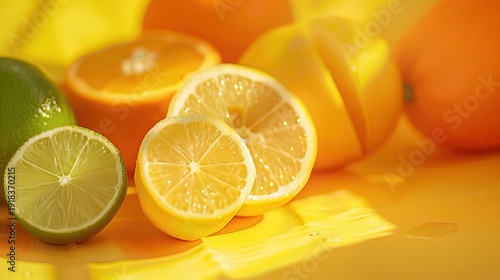 A vibrant close-up photography of fresh sliced lemons, limes, and whole oranges on a bright yellow surface with soft sunlight.