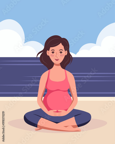 Cute pregnant woman in yoga pose on the beach. Maternity concept, mental and body health wellbeing. 