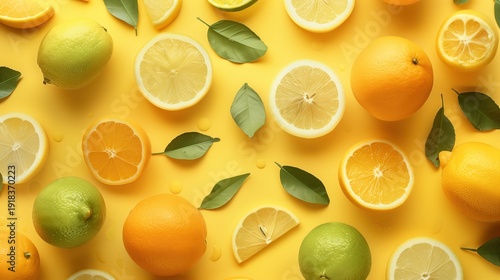 Top view photo of fresh lemons, oranges and limes with green leaves arranged on a bright yellow background, vibrant citrus composition.