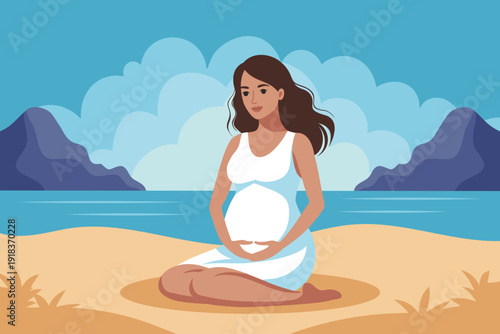Cute pregnant woman is relaxing on the beach by the sea. Maternity concept, mental and body health.