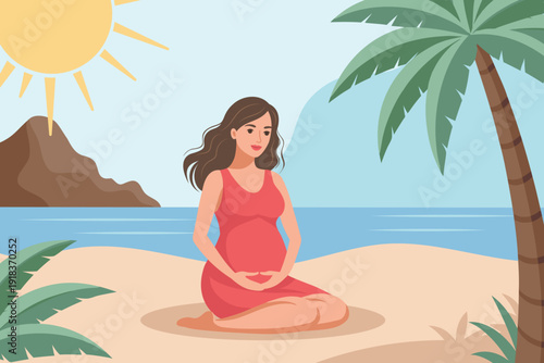 Cute pregnant woman is relaxing on the beach by the sea. Maternity concept, mental and body health wellbeing. Illustration.