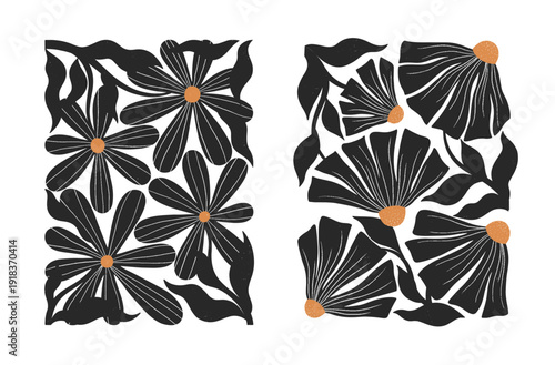 Flowers black and white in linocut printmaking style.Nordic folk botanical illustration set.Bold vintage wildflowers for prints,banners,wall art decor,branding,packaging and patterns.