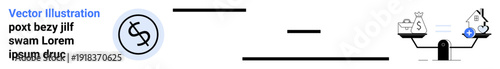 Financial planning, investments, savings, economy, wealth management, home ownership. Visual of a balance scale with moneybag and house icons and a dollar symbol. Financial planning and investments