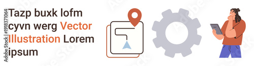 Technology, navigation, communication, software development, education, workplace concepts. Gear, map icon with pin person holding tablet. Navigation and technology symbolism